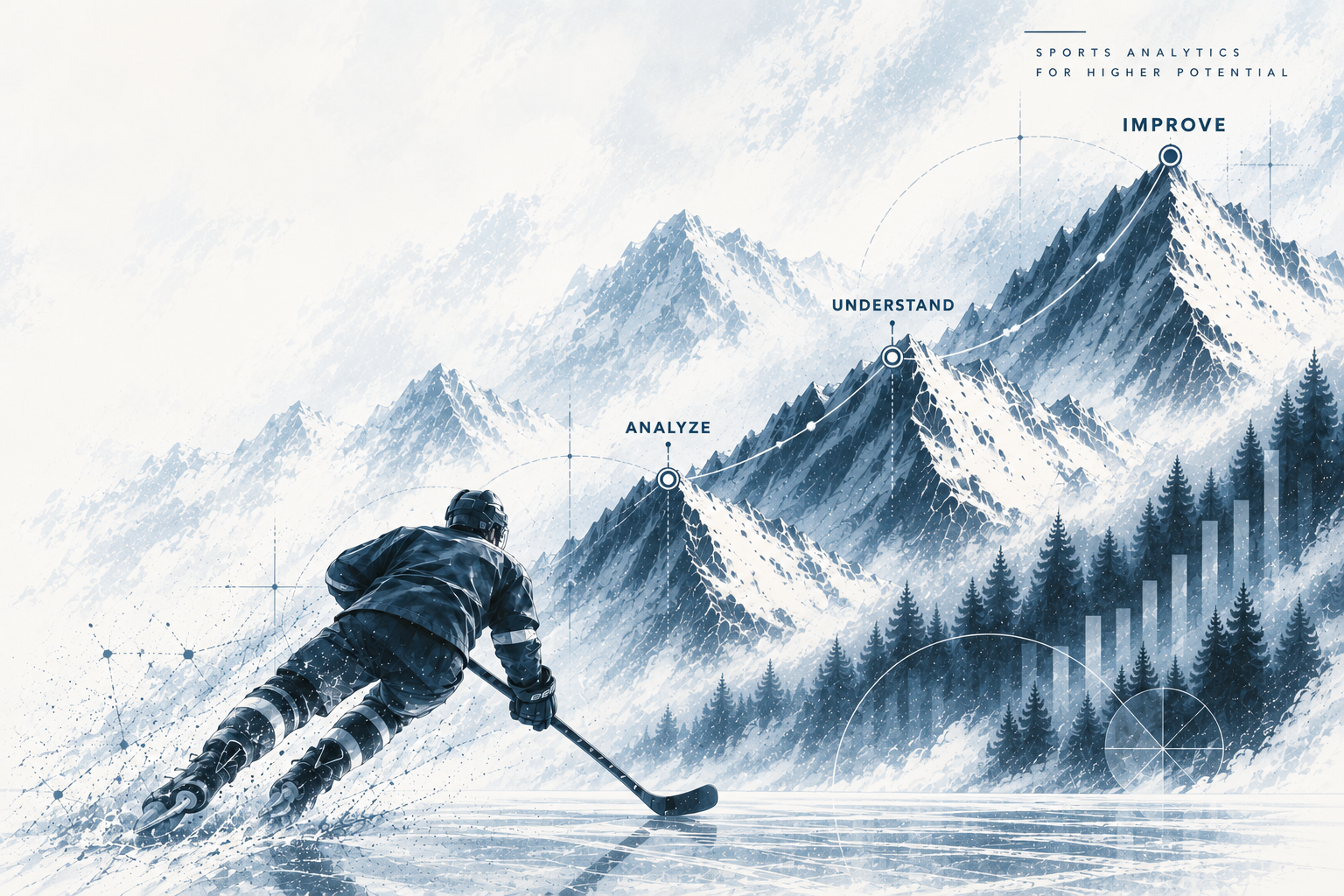 Hockey and mountain illustration representing analysis, understanding, and performance improvement.